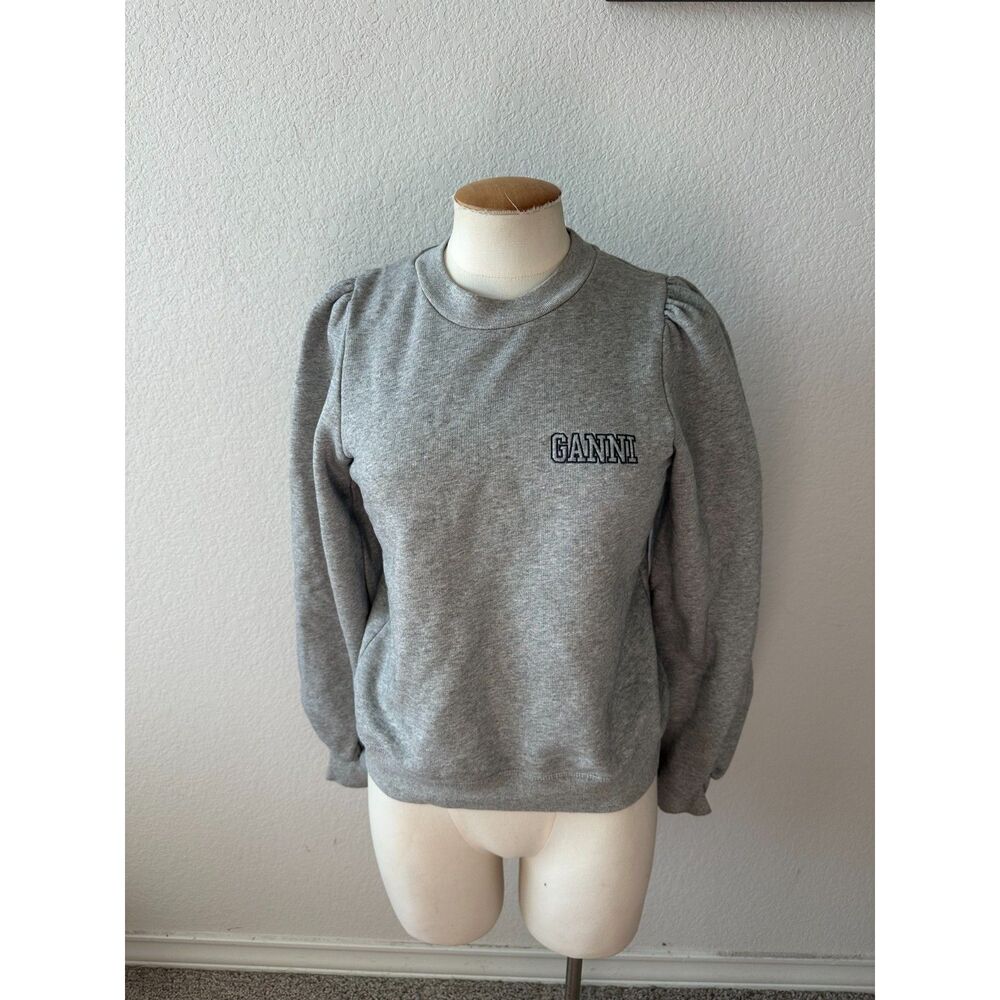 Ganni Puff Sleeve Gray Crew Neck Sweater